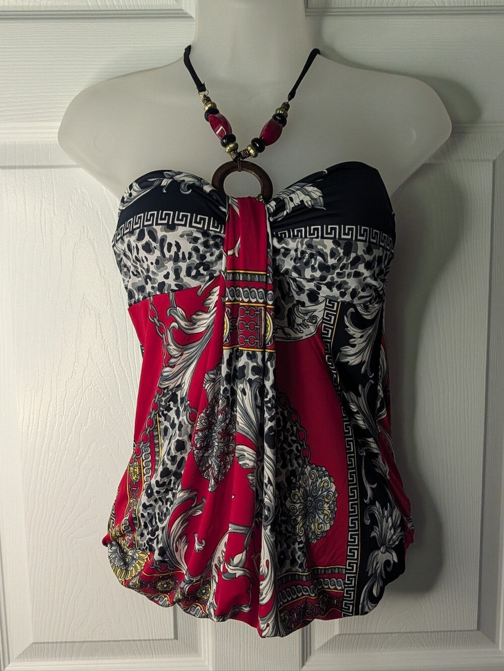 Papaya Women’s Medium Red Black Leopard Baroque Print Halter Handkerchief Top